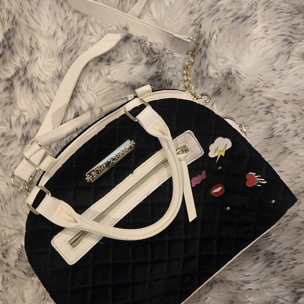 Betsey Johnson Black Quilted Satchel with Cream Details